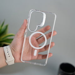 Galaxy S26 Ultra Transparent MagSafe Cover With Metal Camera Bump Kick Stand (White)