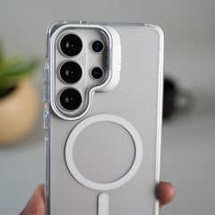 Galaxy S26 Ultra Transparent MagSafe Cover With Metal Camera Bump Kick Stand (White)