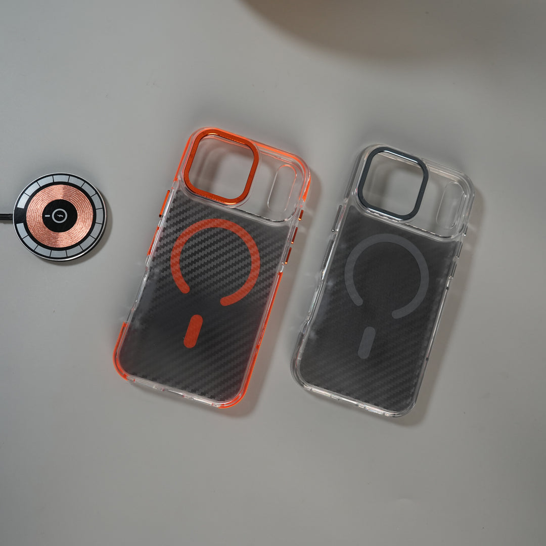iPhone 17 Series Carbon Texture Transparent Metal Camera Ring MagSafe Cover