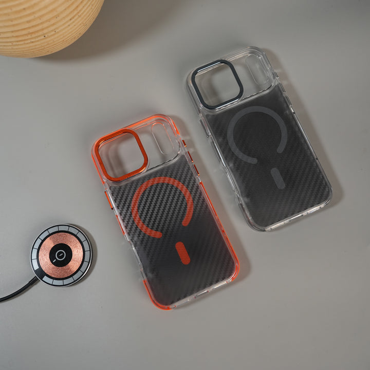 iPhone 17 Series Carbon Texture Transparent Metal Camera Ring MagSafe Cover