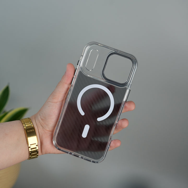iPhone 17 Series Carbon Texture Transparent Metal Camera Ring MagSafe Cover