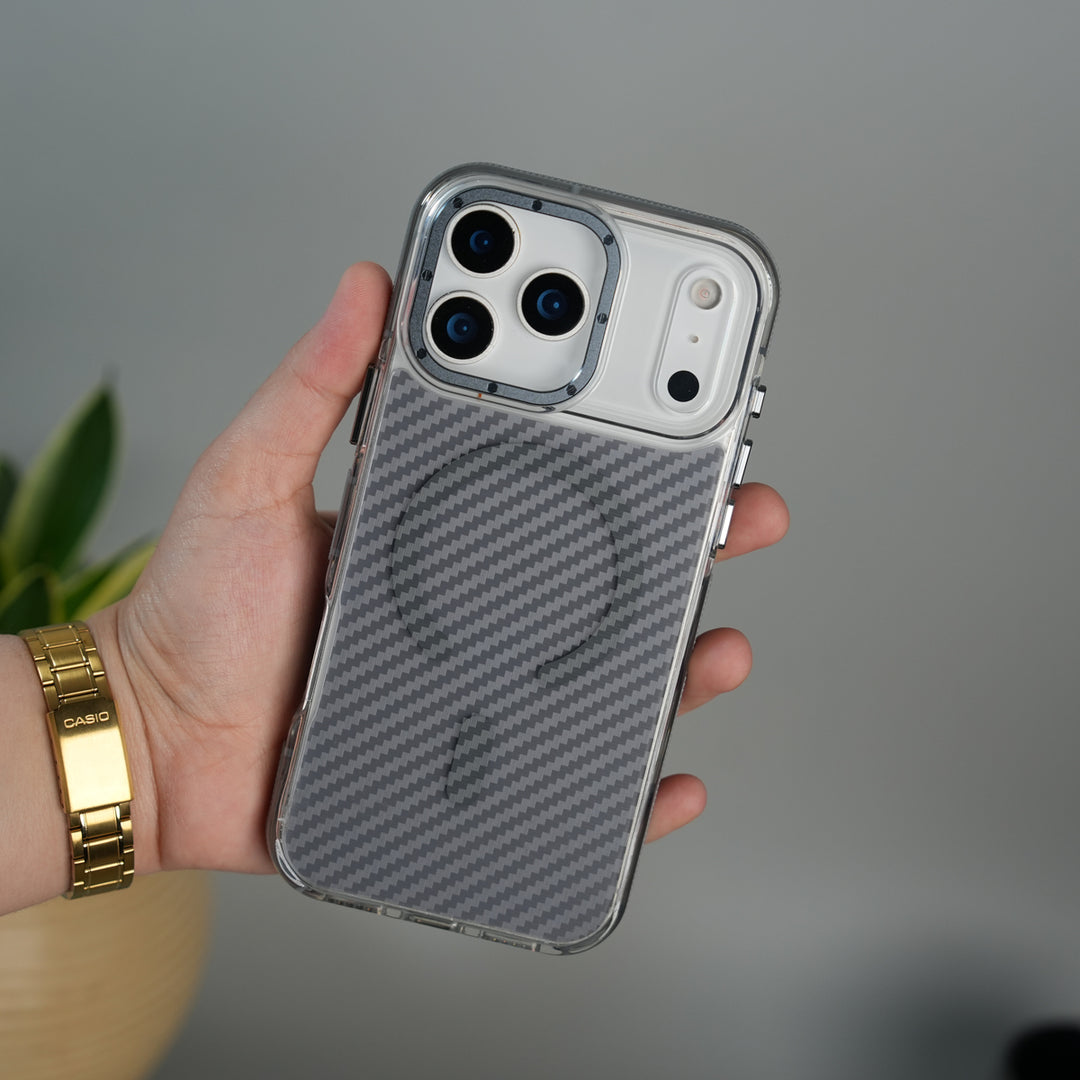 iPhone 17 Series Carbon Texture Transparent Metal Camera Ring MagSafe Cover