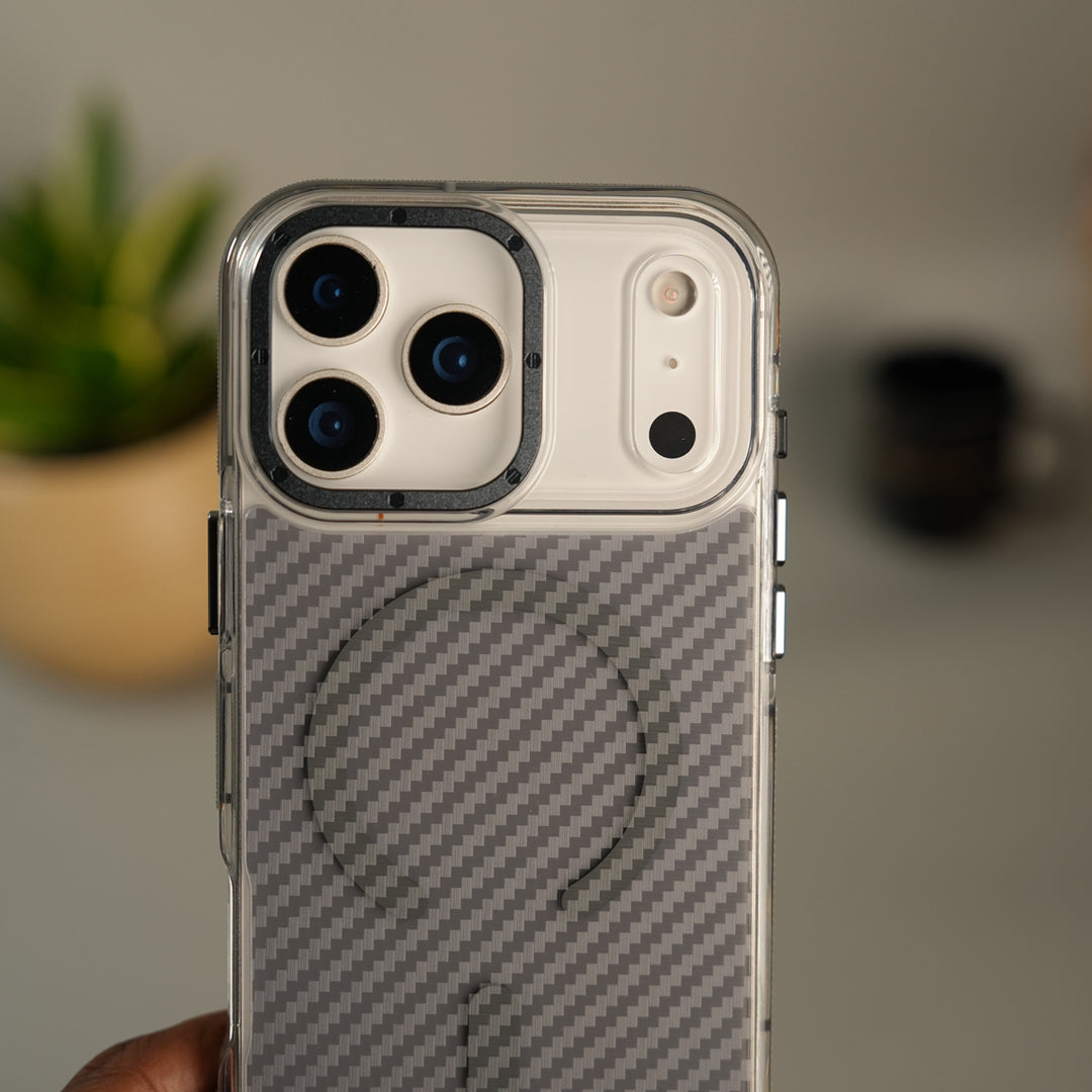 iPhone 17 Series Carbon Texture Transparent Metal Camera Ring MagSafe Cover