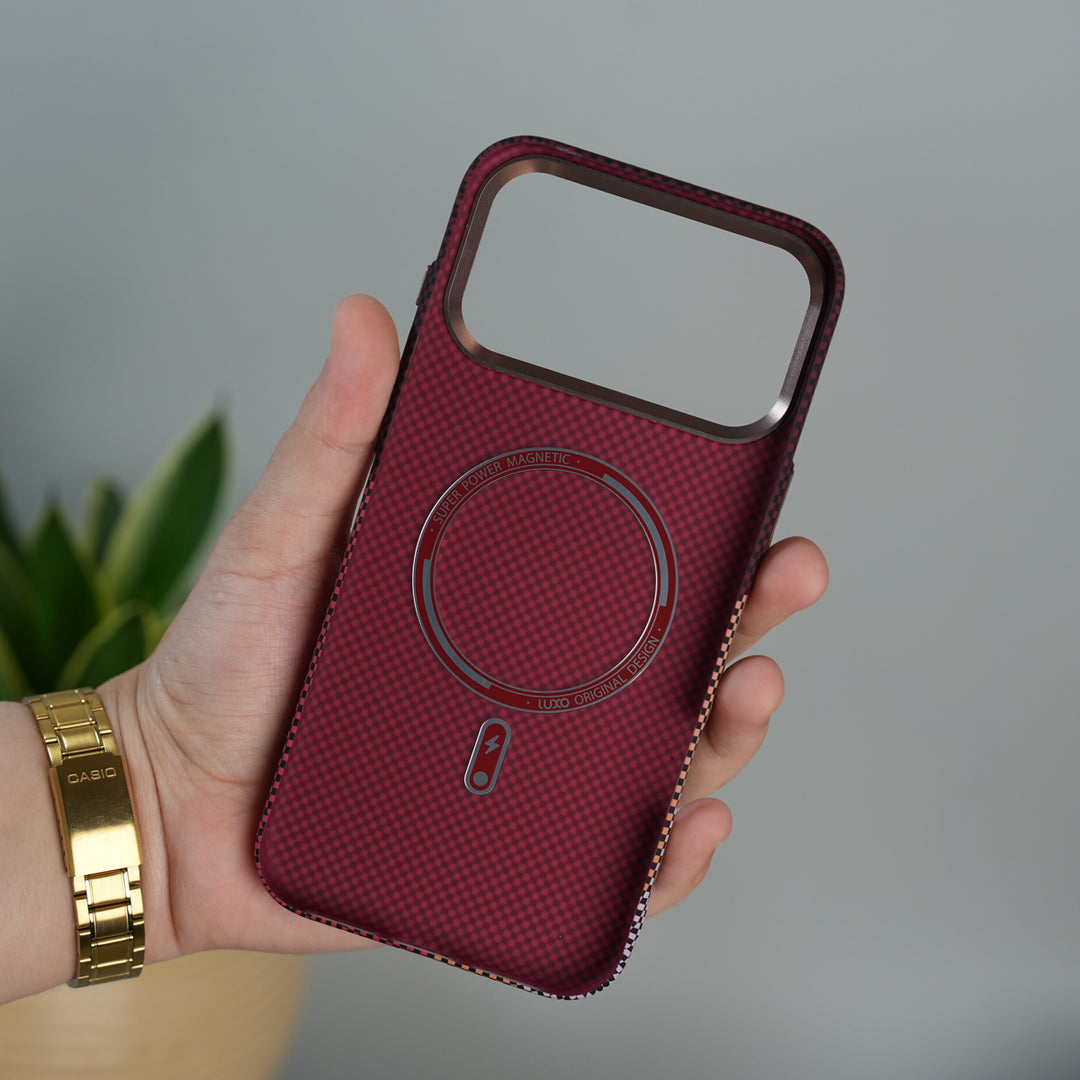 iPhone 17 Pro Carbon Fiber Texture Design Hard Pc MagSafe Case Cover MaroonTop Design