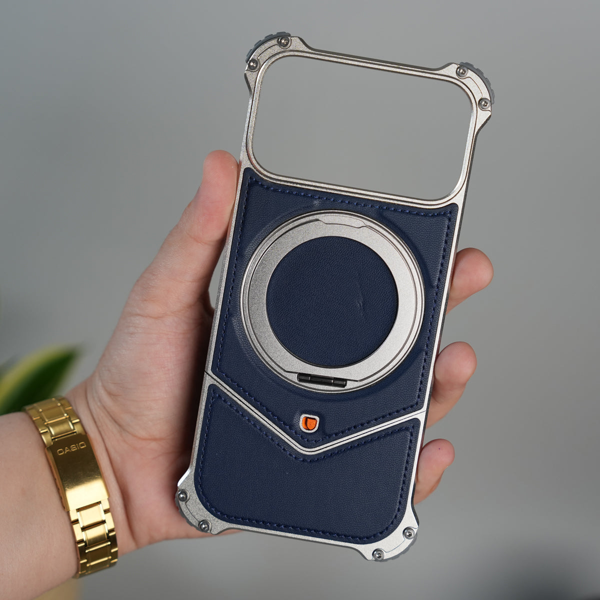 iPhone 18 Series Premium Blue Carbon Design Aluminium Metal Snap On Rotating Stand case