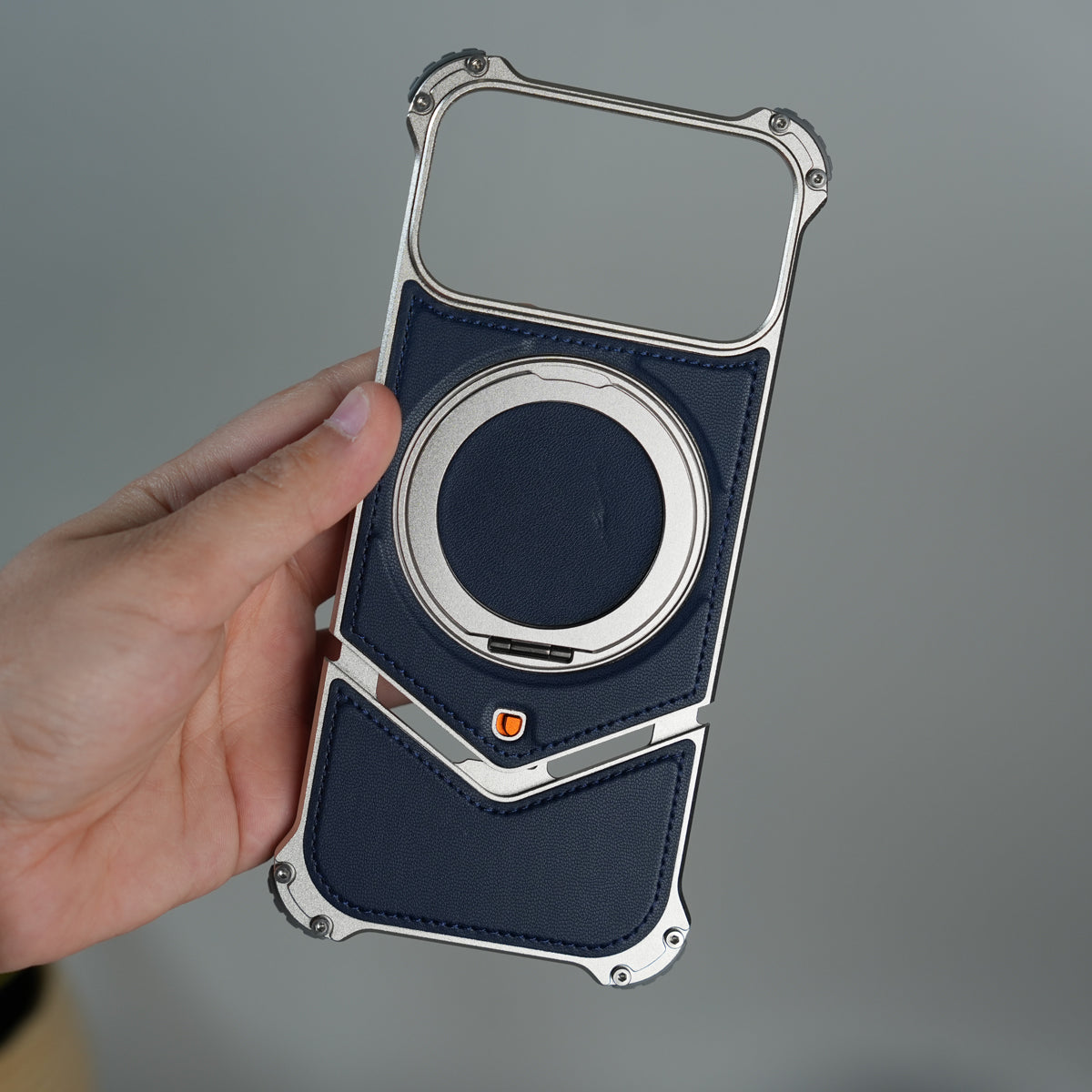 iPhone 18 Series Premium Blue Carbon Design Aluminium Metal Snap On Rotating Stand case