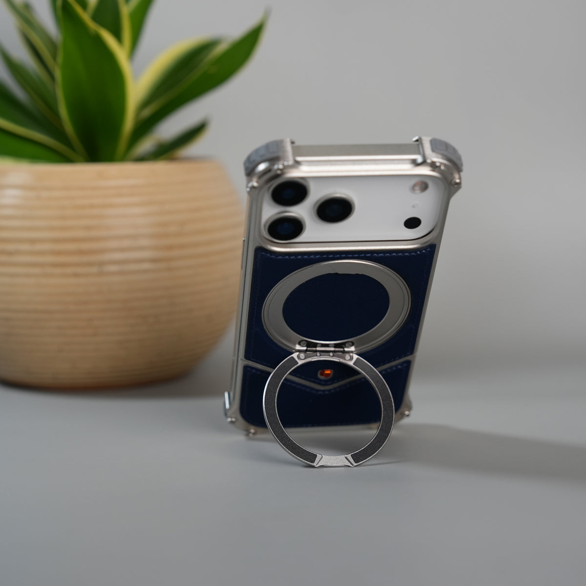 iPhone 18 Series Premium Blue Carbon Design Aluminium Metal Snap On Rotating Stand case
