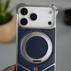 iPhone 18 Series Premium Blue Carbon Design Aluminium Metal Snap On Rotating Stand case