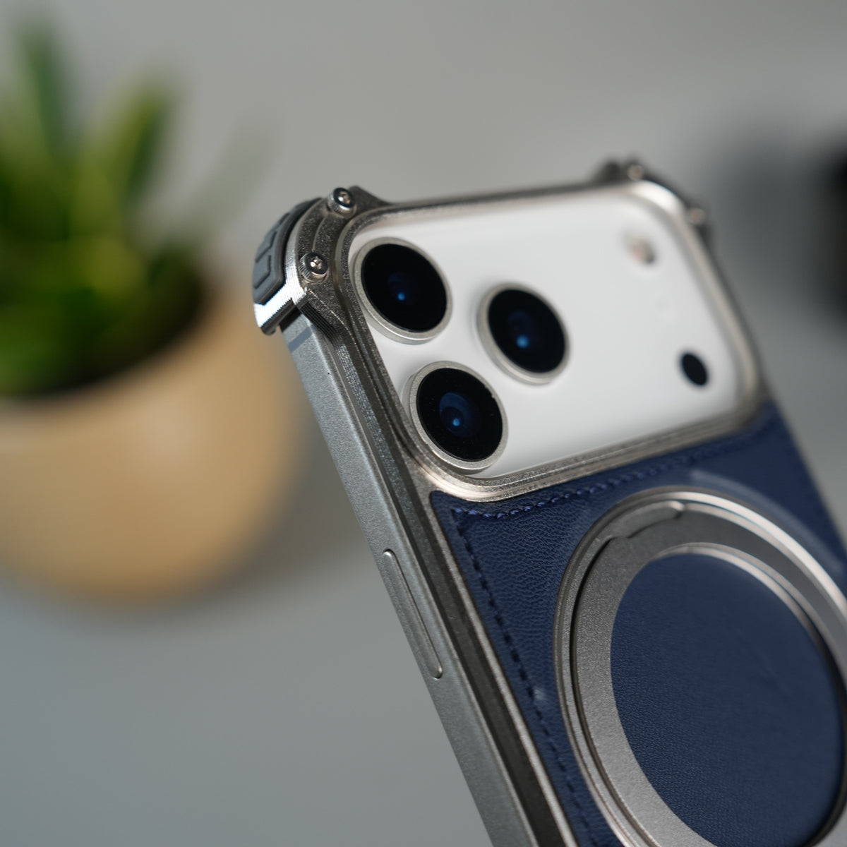 iPhone 18 Series Premium Blue Carbon Design Aluminium Metal Snap On Rotating Stand case