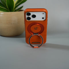 iPhone 17 Series Luxury Leather Magnetic Ring Case | Metal Camera Frame and Kickstand Cover | Orange