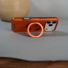 iPhone 17 Series Luxury Leather Magnetic Ring Case | Metal Camera Frame and Kickstand Cover | Orange