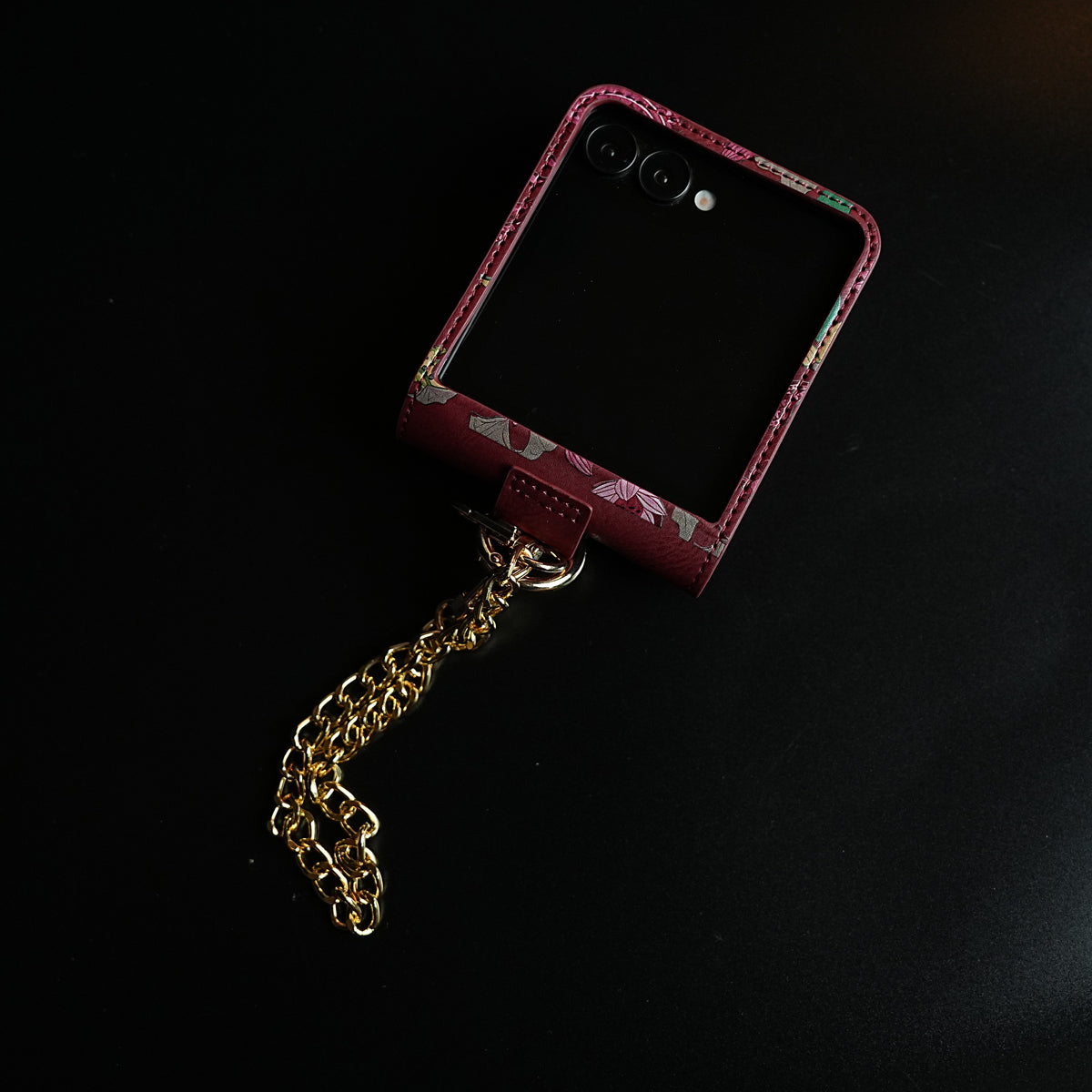 Floral Stitched Leather-Style Case for Galaxy Z Flip 7 | Detachable Chain Strap