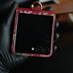 Floral Stitched Leather-Style Case for Galaxy Z Flip 7 | Detachable Chain Strap