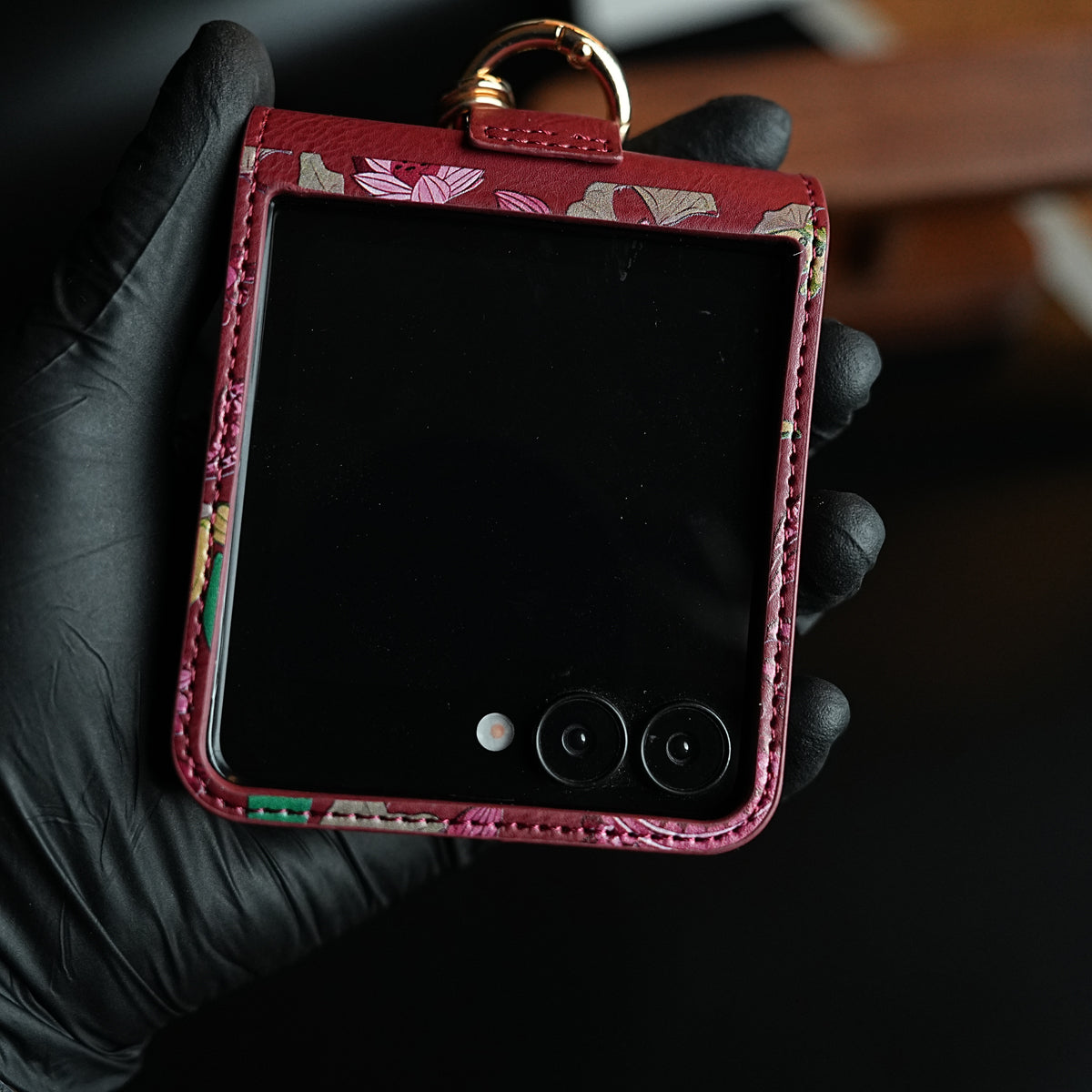Floral Stitched Leather-Style Case for Galaxy Z Flip 7 | Detachable Chain Strap