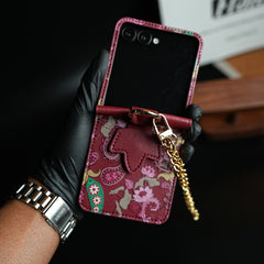 Floral Stitched Leather-Style Case for Galaxy Z Flip 7 | Detachable Chain Strap