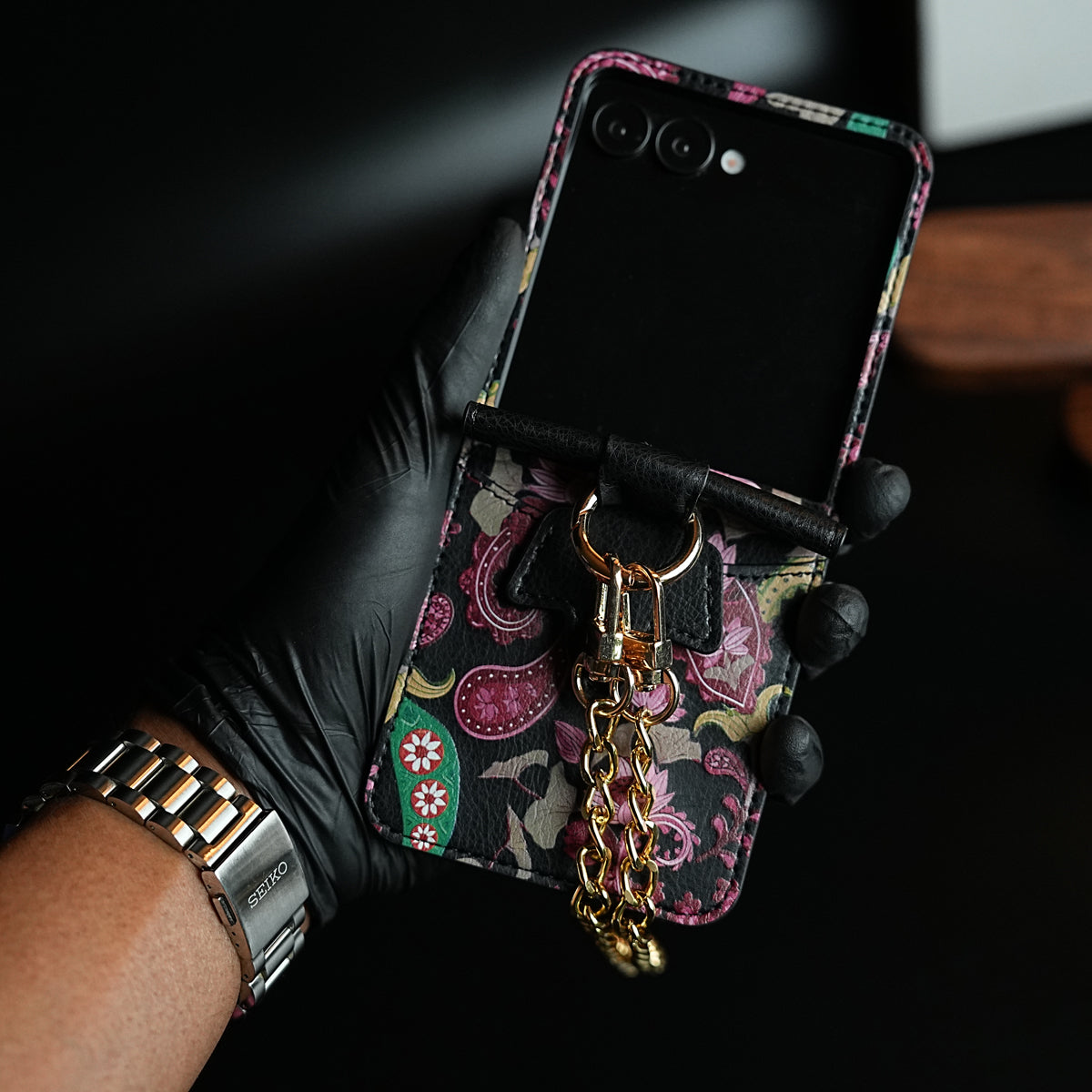Floral Stitched Leather-Style Case for Galaxy Z Flip 7 | Detachable Chain Strap