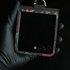 Floral Stitched Leather-Style Case for Galaxy Z Flip 7 | Detachable Chain Strap
