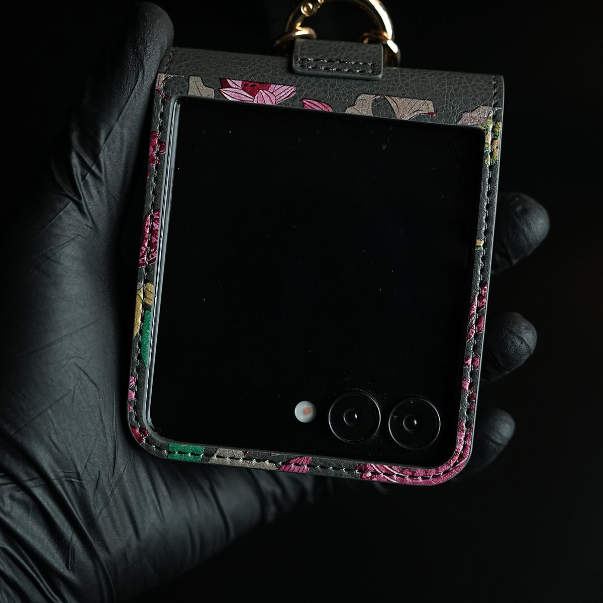 Floral Stitched Leather-Style Case for Galaxy Z Flip 7 | Detachable Chain Strap