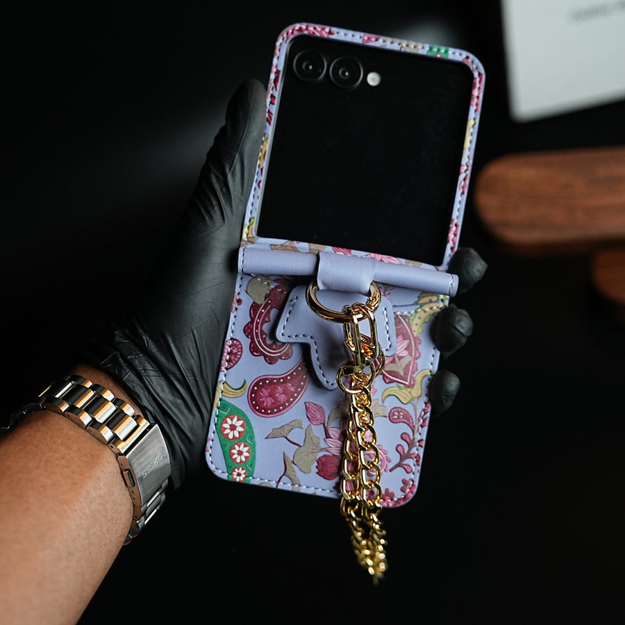Floral Stitched Leather-Style Case for Galaxy Z Flip 7 | Detachable Chain Strap