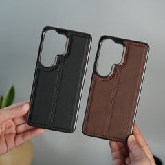 Galaxy S26 Ultra Leather Case | Classic Sude Chrome Middle Stitched Back Cover