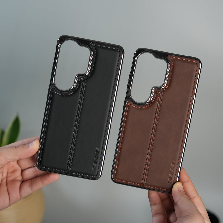 Galaxy S24 Ultra Leather Case | Classic Sude Chrome Middle Stitched Back Cover