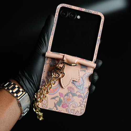 Floral Stitched Leather-Style Case for Galaxy Z Flip 7 | Detachable Chain Strap