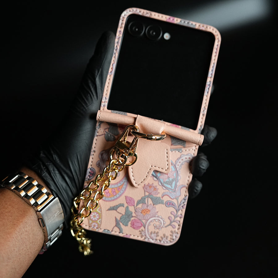 Floral Stitched Leather-Style Case for Galaxy Z Flip 8 | Detachable Chain Strap