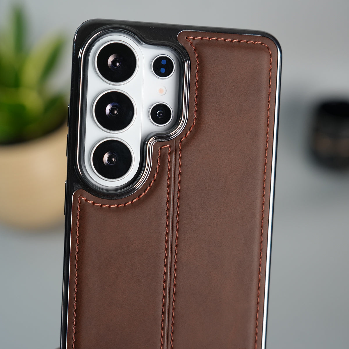 Galaxy S26 Ultra Leather Case | Classic Sude Chrome Middle Stitched Back Cover