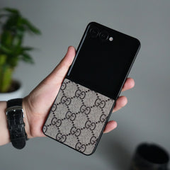 Samsung Galaxy Z Flip 7 Luxury Monogram Pattern PU Leather Case Cover (Beige)