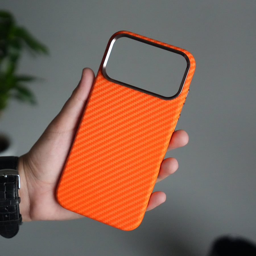 iPhone 17 Pro Carbon Fiber Texture Design Hard Pc MagSafe Case Cover | Orange Carbon