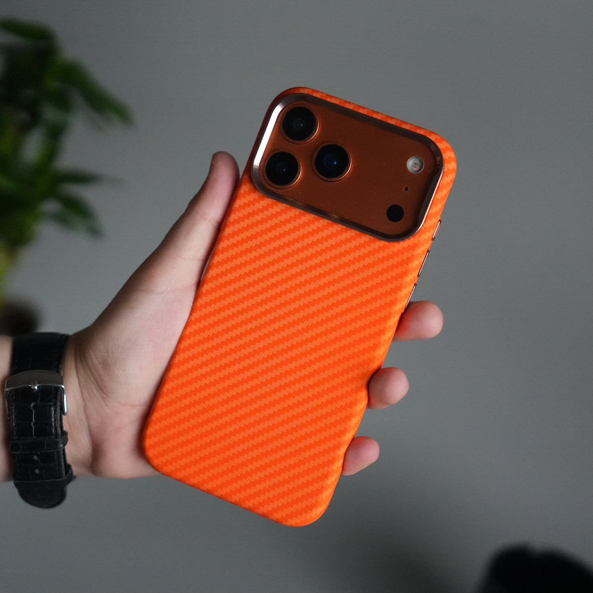 iPhone 17 Pro Carbon Fiber Texture Design Hard Pc MagSafe Case Cover | Orange Carbon