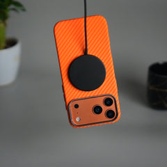 iPhone 17 Pro Carbon Fiber Texture Design Hard Pc MagSafe Case Cover | Orange Carbon