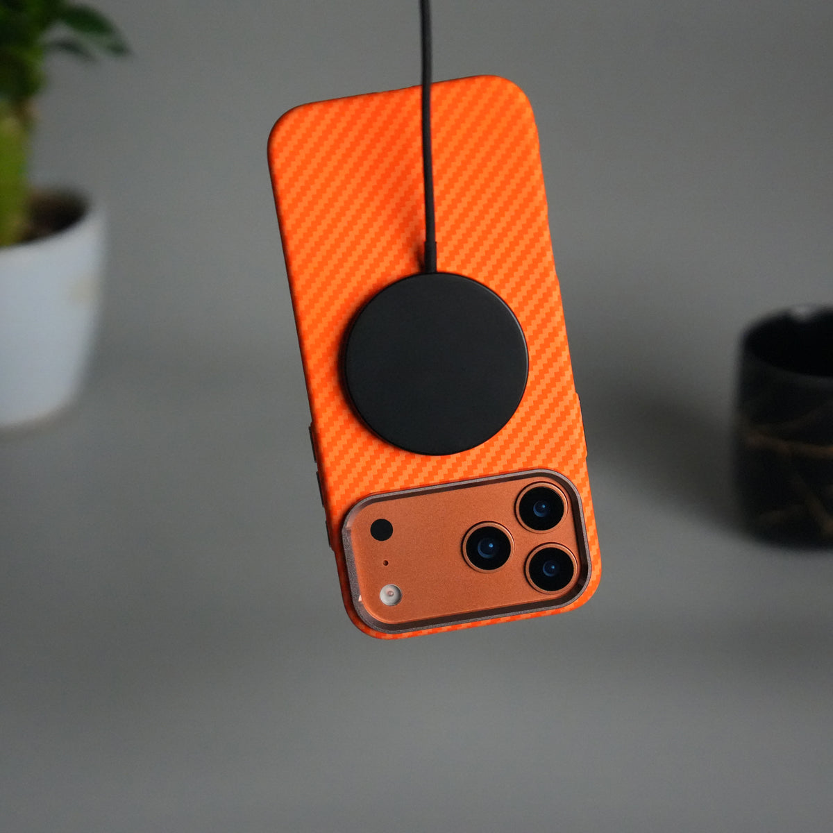 iPhone 17 Pro Carbon Fiber Texture Design Hard Pc MagSafe Case Cover | Orange Carbon