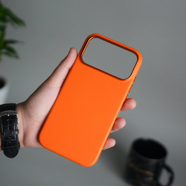 iPhone 17 Pro Max Premium PU Leather MagSafe Case | Metal Camera Frame Luxury Back Cover | Orange