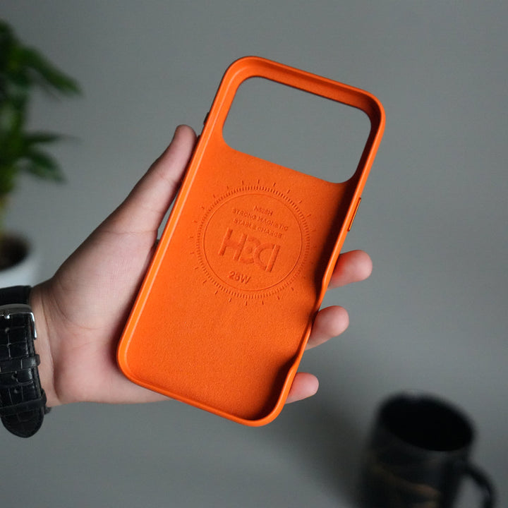 iPhone 17 Pro Max Premium PU Leather MagSafe Case | Metal Camera Frame Luxury Back Cover | Orange