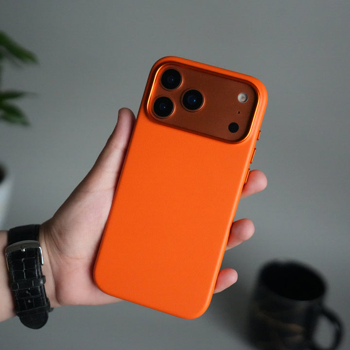 iPhone 17 Pro Max Premium PU Leather MagSafe Case | Metal Camera Frame Luxury Back Cover | Orange