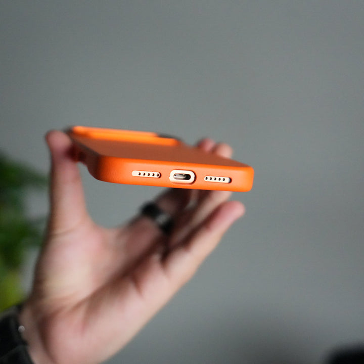 iPhone 17 Pro Max Premium PU Leather MagSafe Case | Metal Camera Frame Luxury Back Cover | Orange