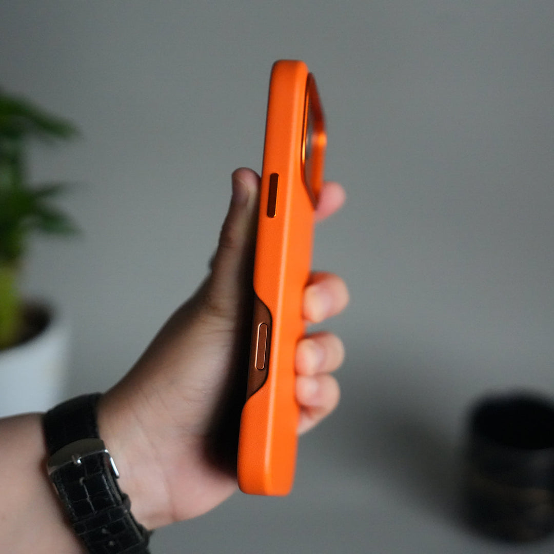iPhone 17 Pro Max Premium PU Leather MagSafe Case | Metal Camera Frame Luxury Back Cover | Orange
