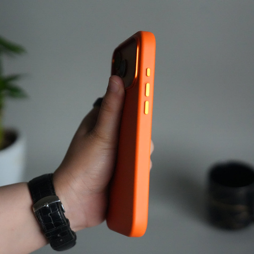 iPhone 17 Pro Max Premium PU Leather MagSafe Case | Metal Camera Frame Luxury Back Cover | Orange