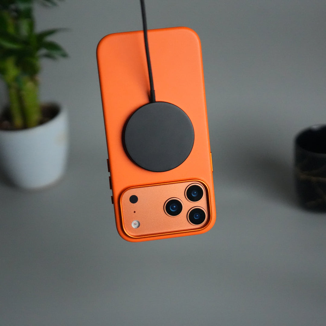 iPhone 17 Pro Max Premium PU Leather MagSafe Case | Metal Camera Frame Luxury Back Cover | Orange