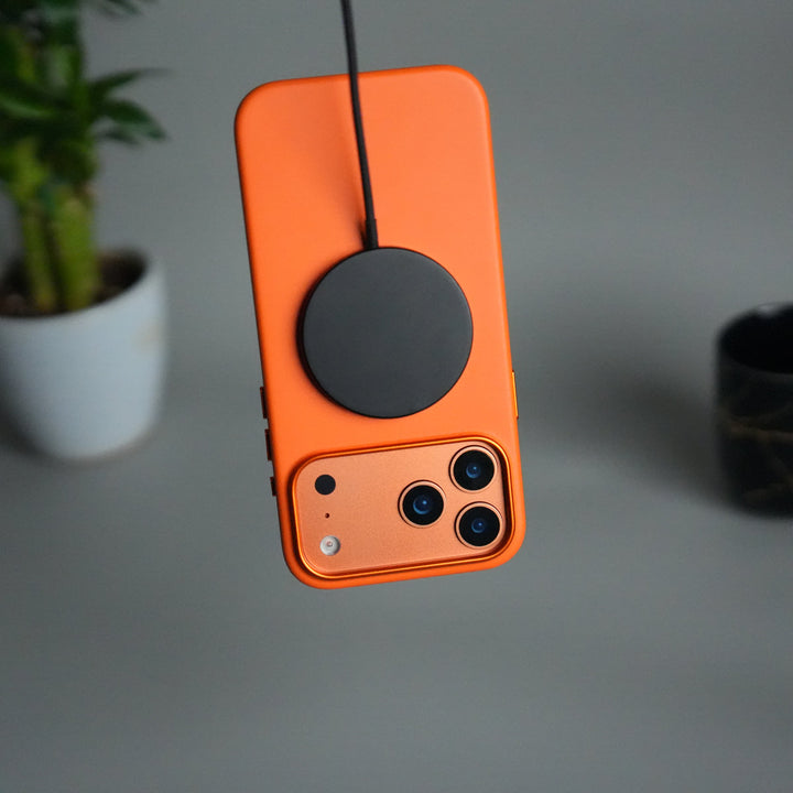 iPhone 17 Pro Max Premium PU Leather MagSafe Case | Metal Camera Frame Luxury Back Cover | Orange