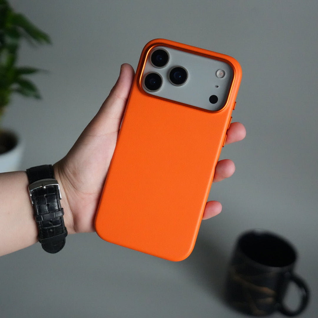iPhone 17 Pro Max Premium PU Leather MagSafe Case | Metal Camera Frame Luxury Back Cover | Orange