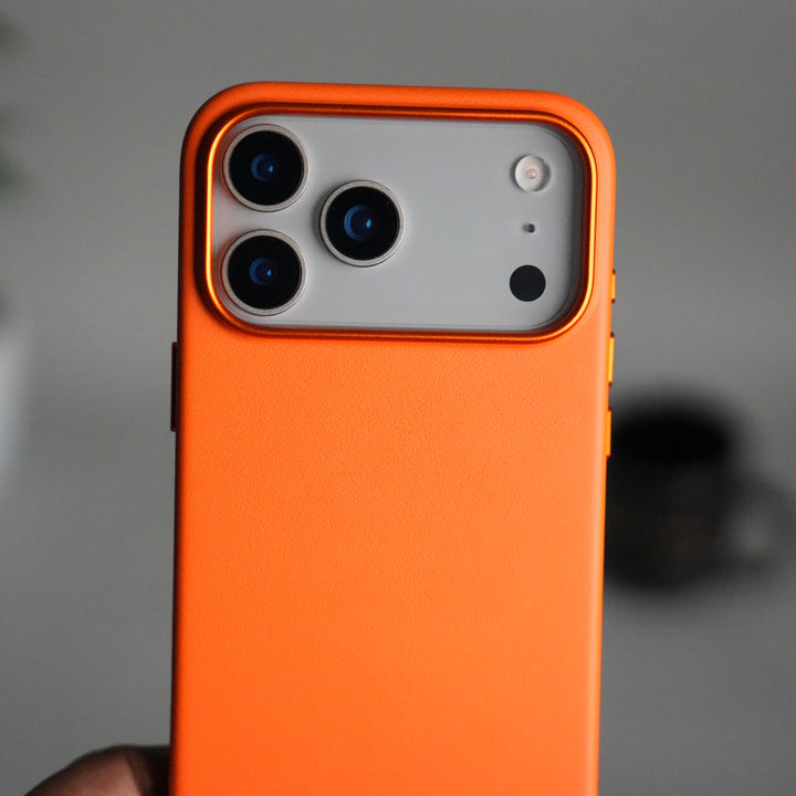 iPhone 17 Pro Max Premium PU Leather MagSafe Case | Metal Camera Frame Luxury Back Cover | Orange