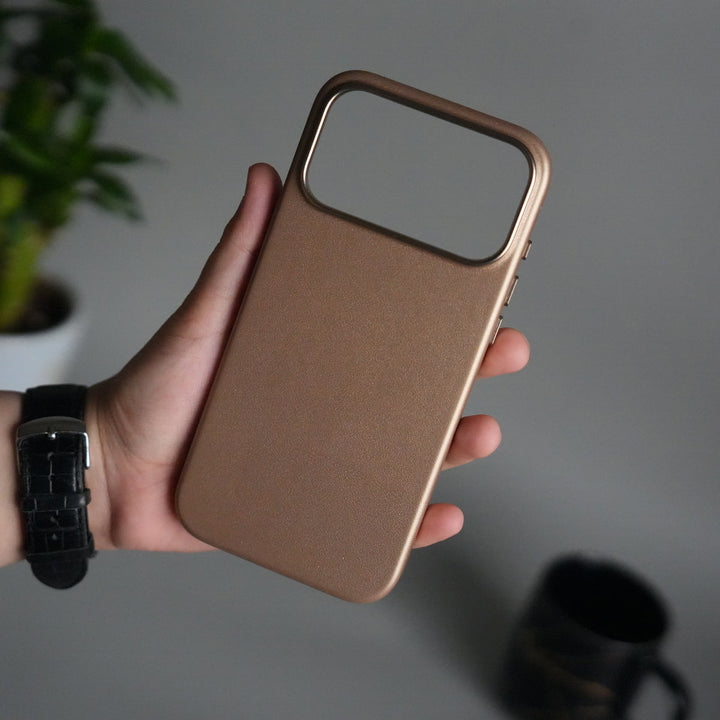 iPhone 17 Pro Max Premium PU Leather MagSafe Case | Metal Camera Frame Luxury Back Cover | Desert Gold