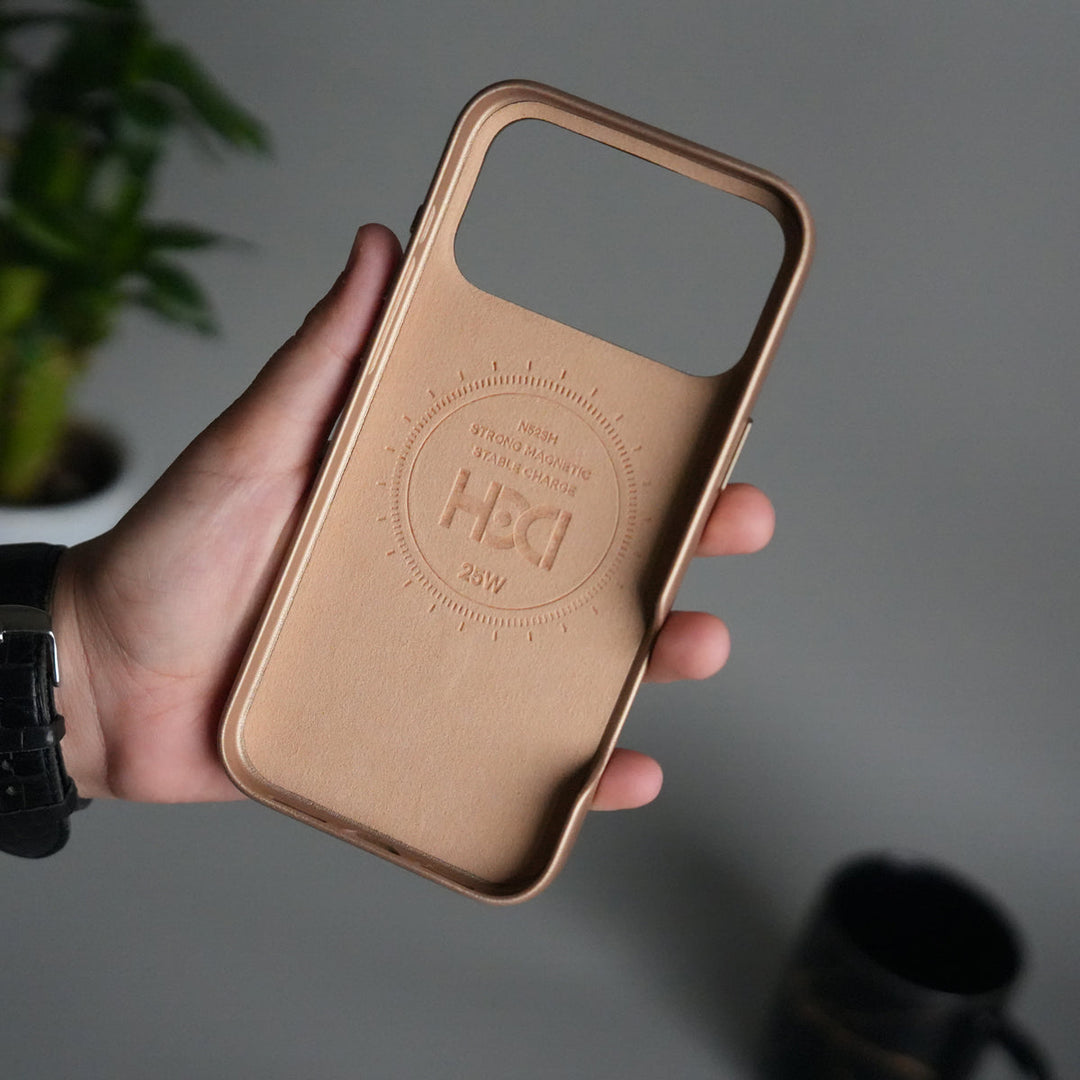 iPhone 17 Pro Max Premium PU Leather MagSafe Case | Metal Camera Frame Luxury Back Cover | Desert Gold