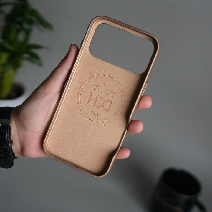 iPhone 17 Pro Max Premium PU Leather MagSafe Case | Metal Camera Frame Luxury Back Cover | Desert Gold