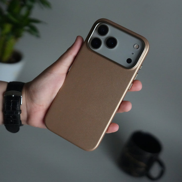 iPhone 17 Pro Max Premium PU Leather MagSafe Case | Metal Camera Frame Luxury Back Cover | Desert Gold