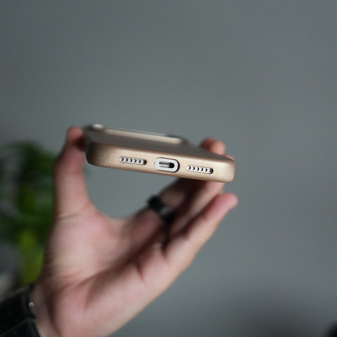 iPhone 17 Pro Max Premium PU Leather MagSafe Case | Metal Camera Frame Luxury Back Cover | Desert Gold