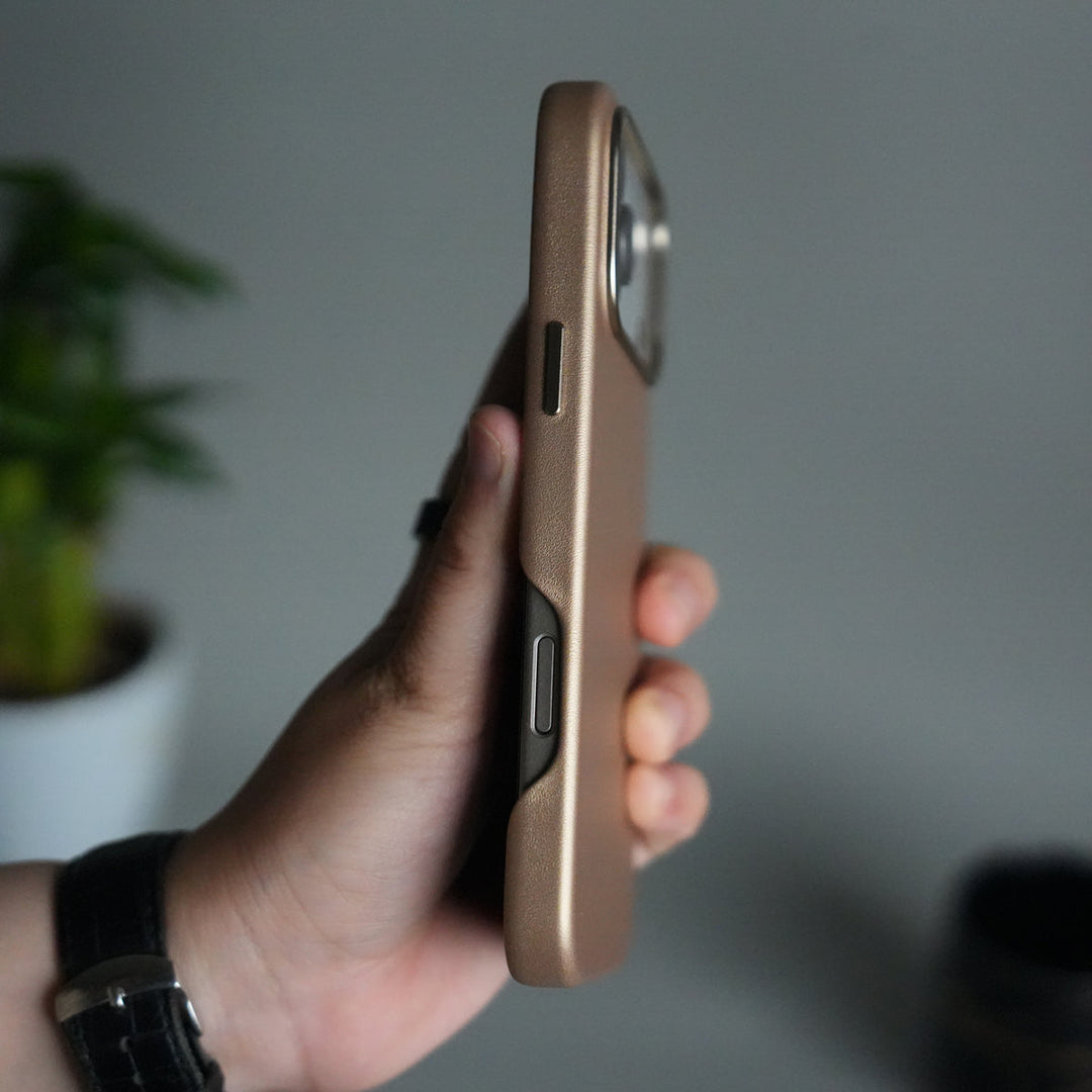 iPhone 17 Pro Max Premium PU Leather MagSafe Case | Metal Camera Frame Luxury Back Cover | Desert Gold