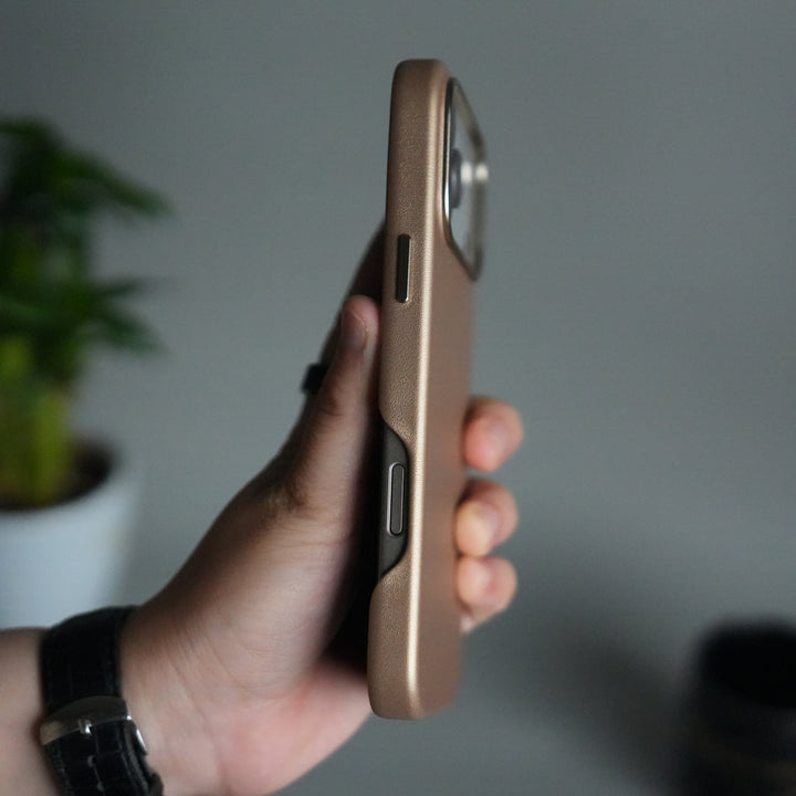 iPhone 17 Pro Max Premium PU Leather MagSafe Case | Metal Camera Frame Luxury Back Cover | Desert Gold